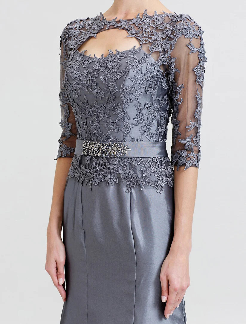 Mermaid / Trumpet Mother of the Bride Dress Beautiful Back See Through Illusion Detail Jewel Neck Floor Length Taffeta Corded Lace 3/4 Length Sleeve with Beading