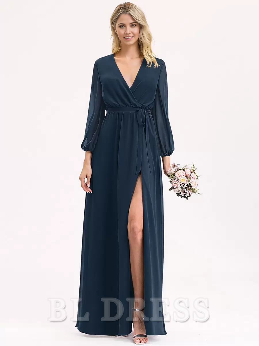 A-line V-Neck Long Sleeve Chiffon Ball Gown Floor-Length formal dresses Bridesmaid Dresses evening gown Prom Dress