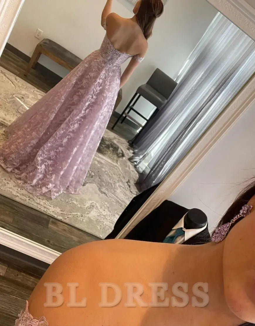 A-Line Off The Shoulder Long formal dresses evening gown Prom Dress With Sequin