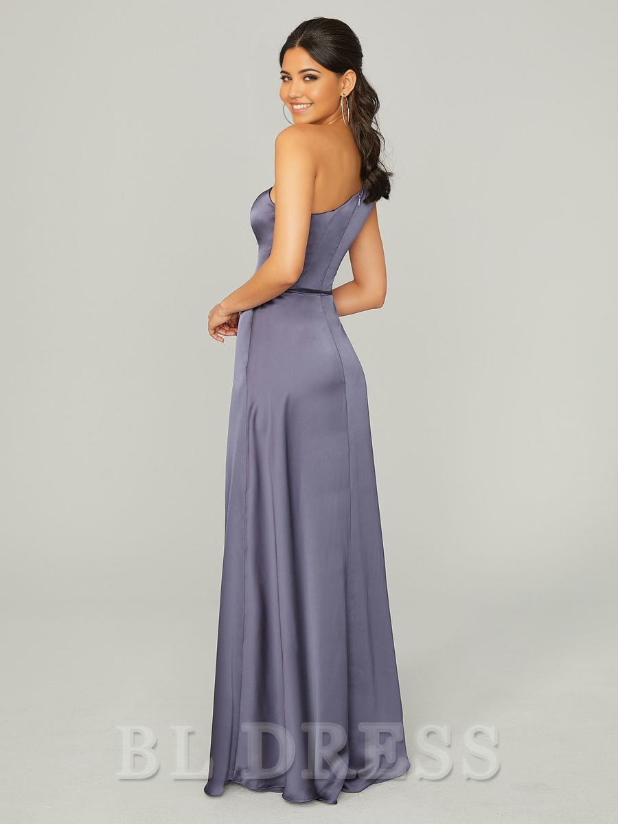 A-Line One Shoulder Floor-Length Satin formal dresses evening gown Prom Dress With Side Slit