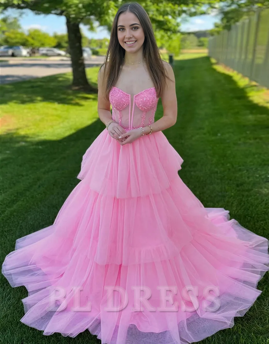 A-Line Sparkly Spaghetti Straps Corset Ruffles Tulle Long formal dresses Bridesmaid Dresses evening gown Prom Dress