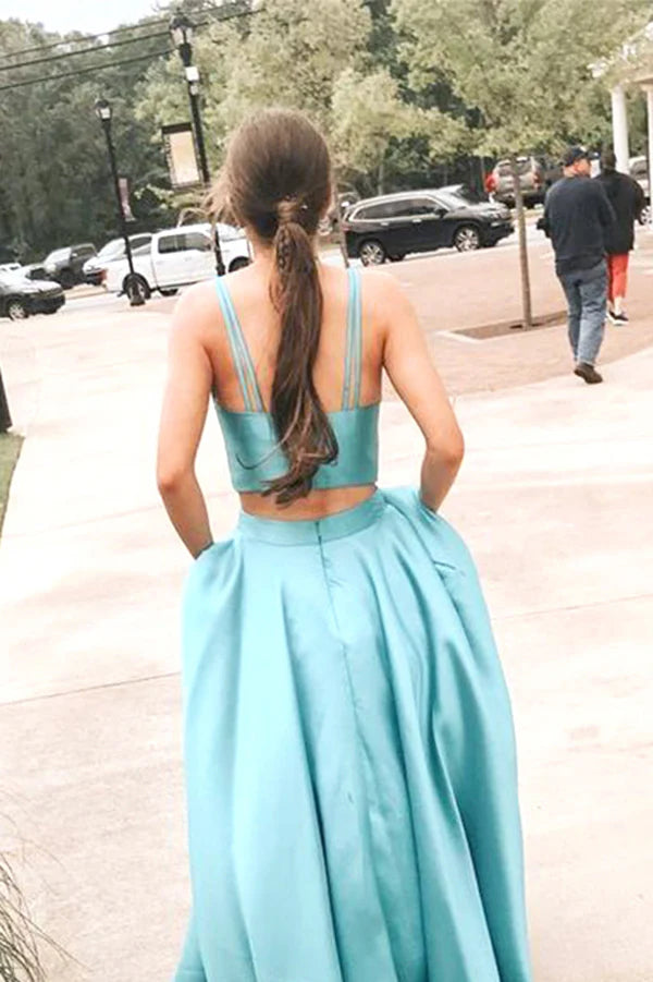 Two Piece Simple Ball Gown V-neck Satin Prom Dresses with Pockets