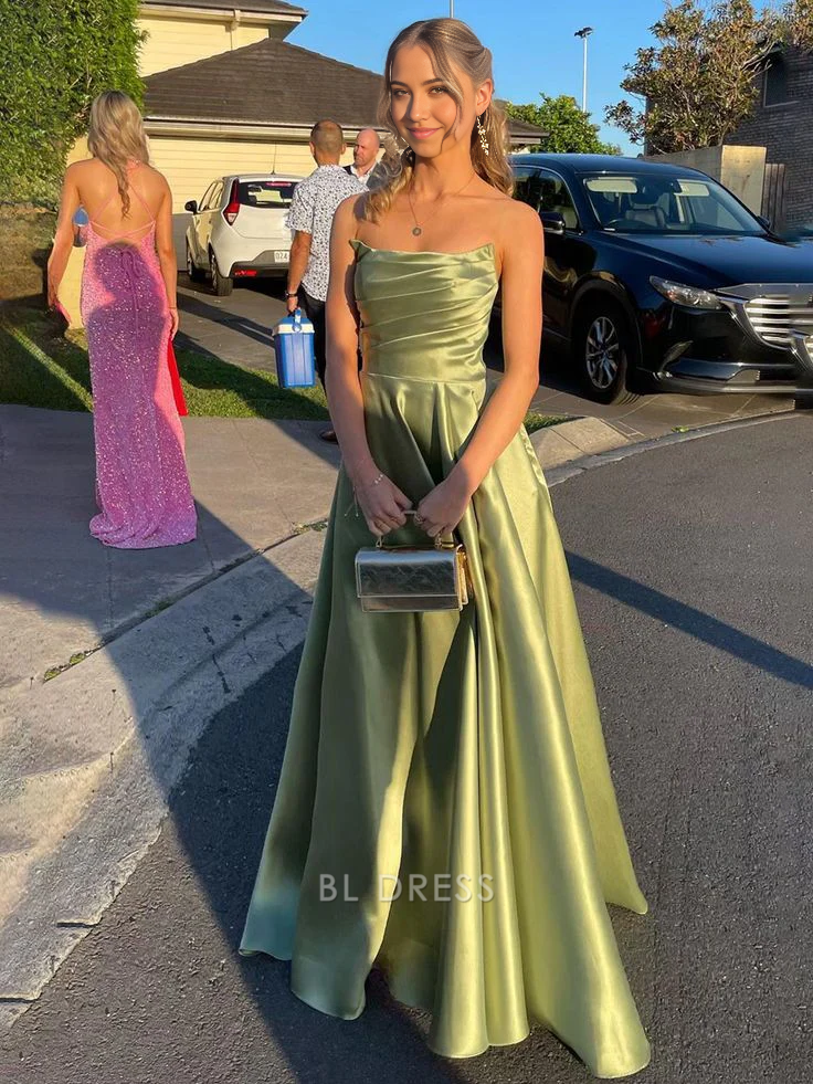 A-line Strapless Satin Pleated Sage Green Long formal dresses Bridesmaid Dresses evening gown Prom Dress