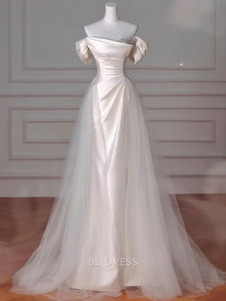 A-line Off The Shoulder Satin Long formal dresses Bridesmaid Dresses evening gown Prom Dress