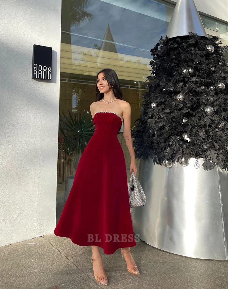 A Line Strapless Midi Length Burgundy formal dresses Bridesmaid Dresses evening gown Prom Dress