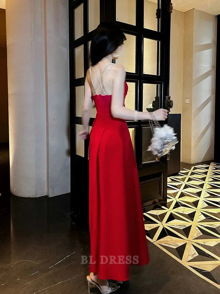 A line Straps Red Long Satin formal dresses Bridesmaid Dresses evening gown Prom Dress