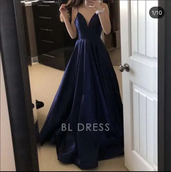 A-line Spaghetti Straps Navy Blue Long formal dresses Bridesmaid Dresses evening gown Prom Dress