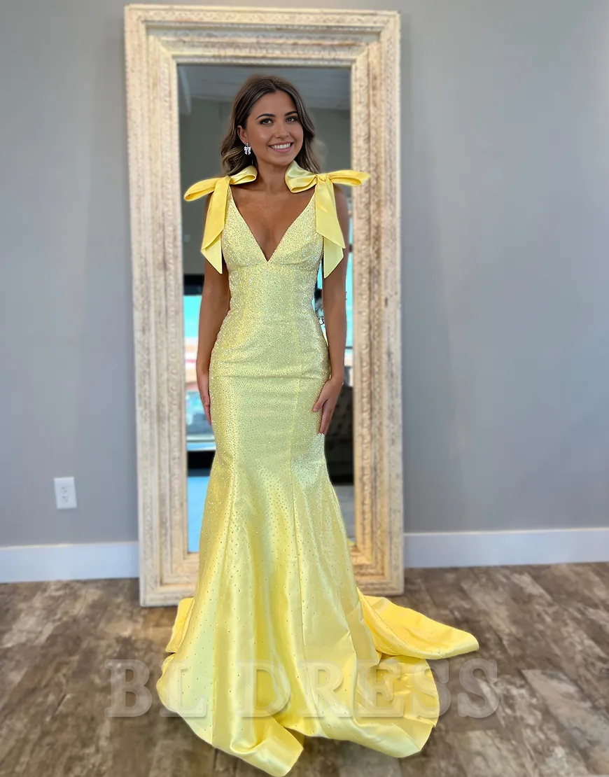 Mermaid Sparkly V Neck Beaded Yellow Long formal dresses evening gown Prom Dress with Bows
