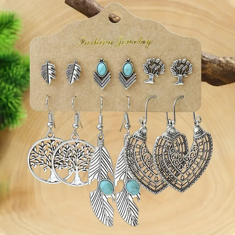24-Pair Bohemian Earring Set - Turquoise Inlaid Studs & Dangles - Fashion-Forward Design