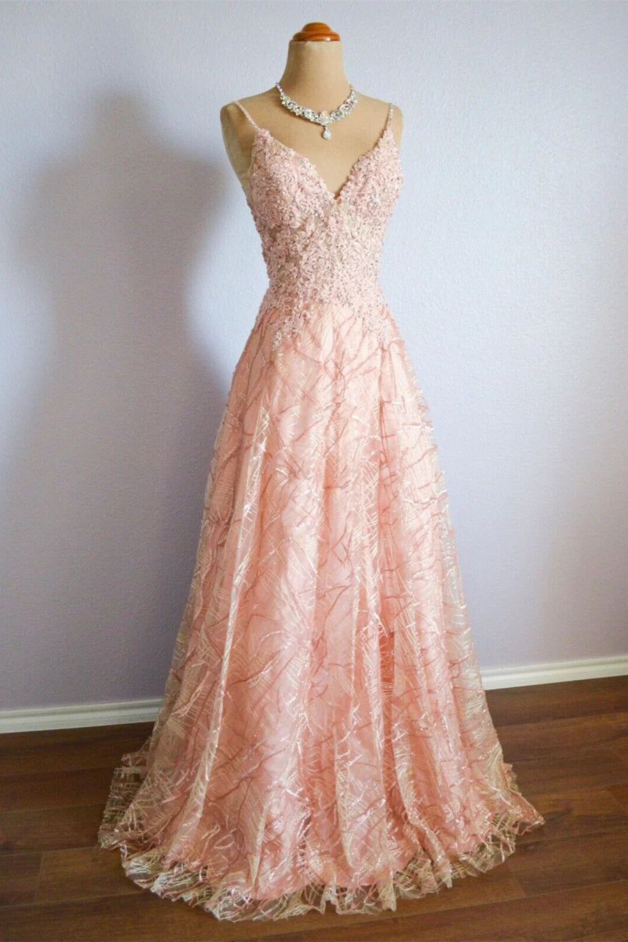 A-line Spaghetti Strap Sequins Lace Long Prom Dresses Formal Dress
