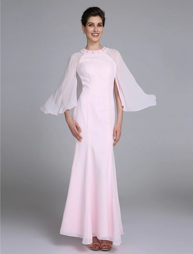 Mermaid / Trumpet Mother of the Bride Dress Elegant Jewel Neck Ankle Length Chiffon Long Sleeve No with Beading