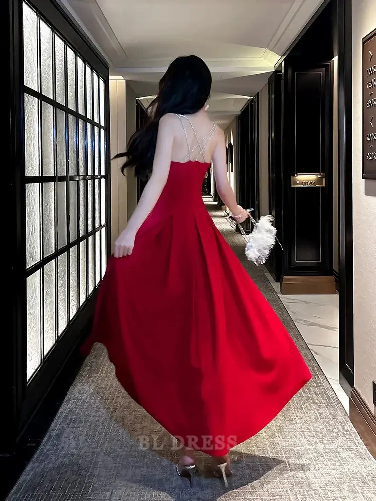 A line Straps Red Long Satin formal dresses Bridesmaid Dresses evening gown Prom Dress