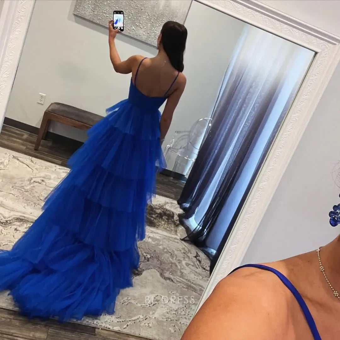 A Line Spaghetti Straps Tiered Royal Blue Long formal dresses Bridesmaid Dresses evening gown Prom Dress