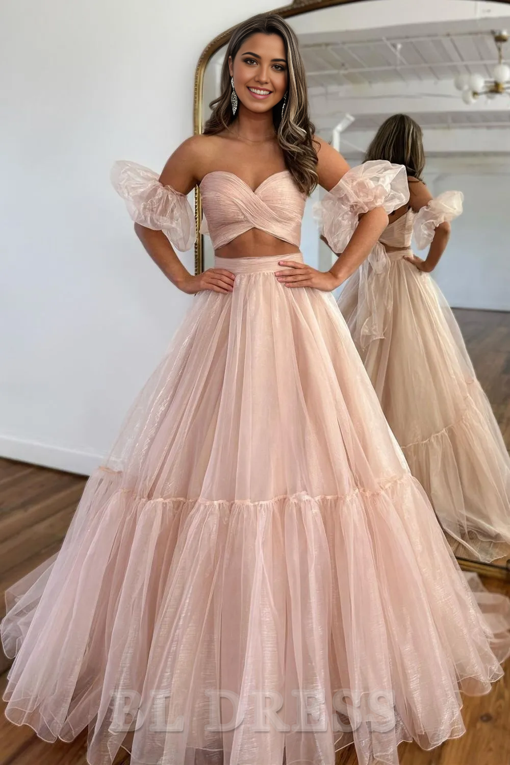A-Line Sweetheart Long Tulle formal dresses evening gown Prom Dress With Detachable Sleeves