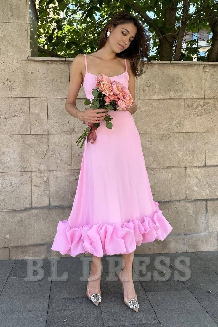 A-line Spaghetti Straps Ruffle Tea Length Satin formal dresses Bridesmaid Dresses evening gown Prom Dress