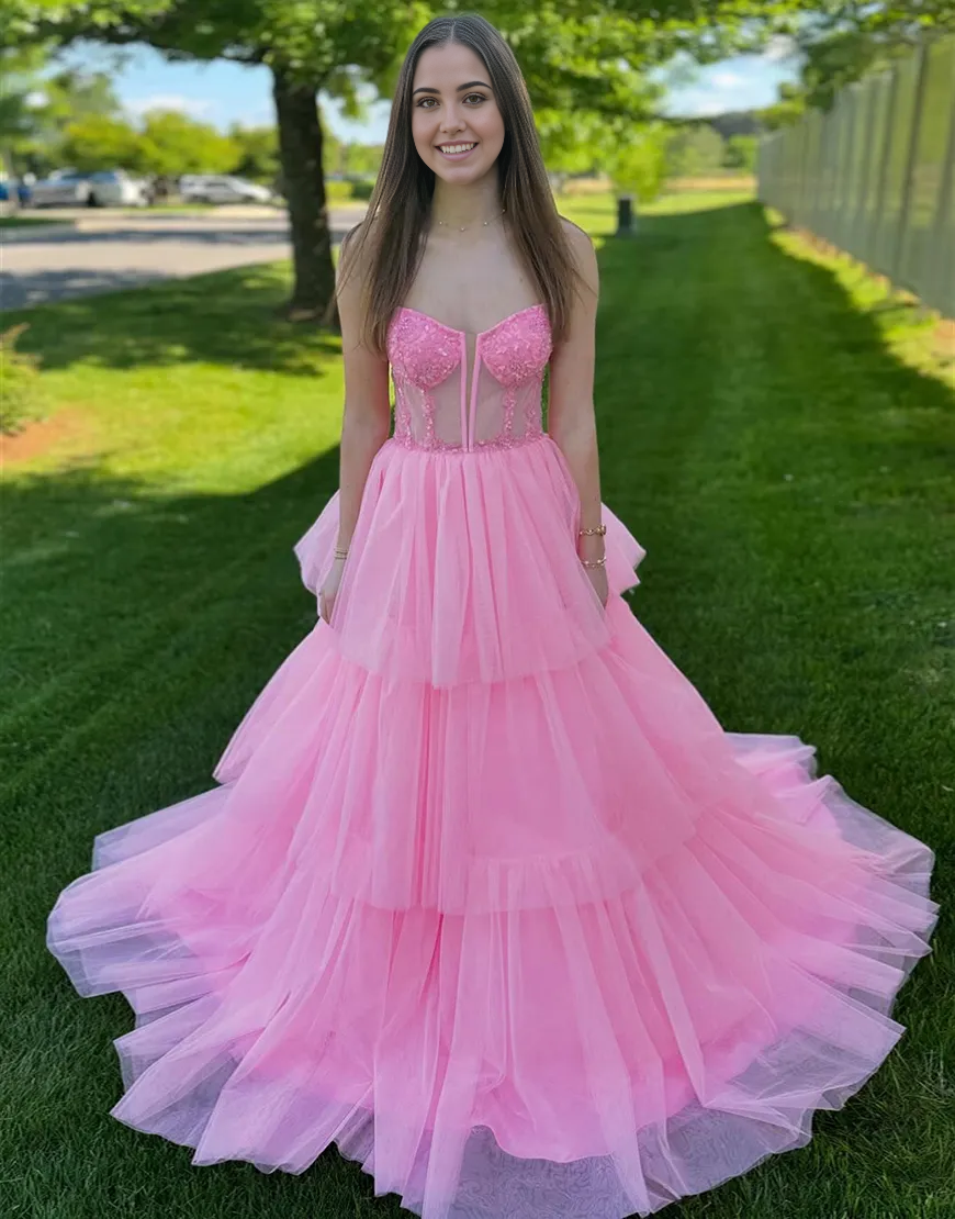 A-Line Sparkly Spaghetti Straps Corset Ruffles Tulle Long formal dresses Bridesmaid Dresses evening gown Prom Dress