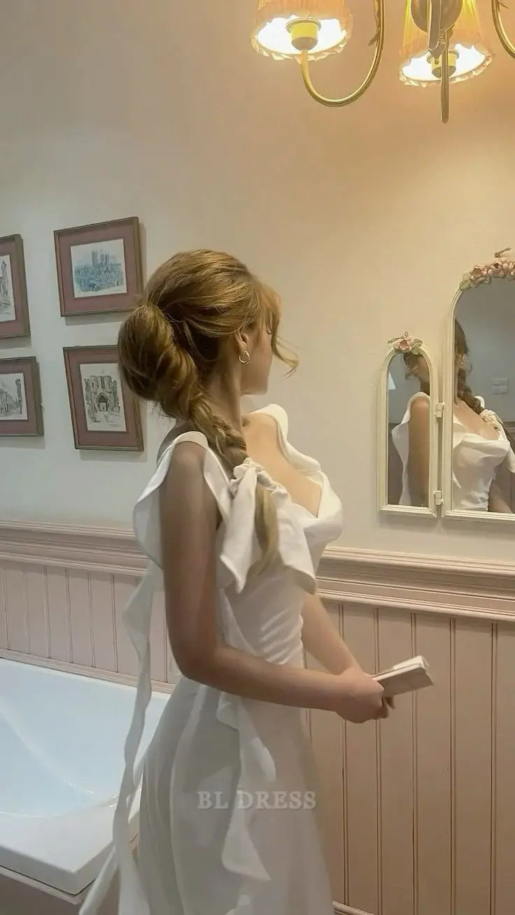 Sheath Vintage Straps White Satin Long formal dresses Bridesmaid Dresses evening gown Prom Dress