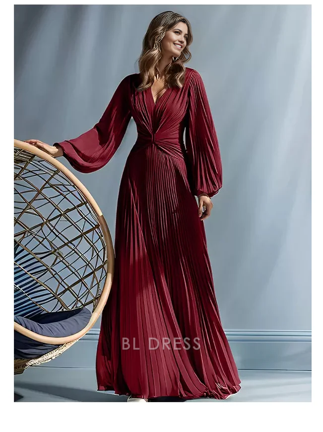 A-Line V-Neck Long Sleeves Pleated Floor-Length Guest Dresses For Wedding Mother of the Bride Dresse