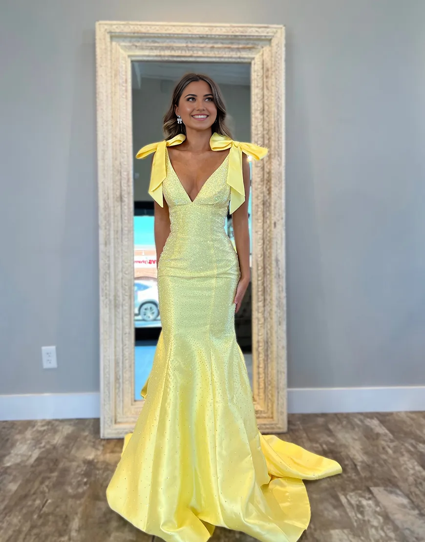 Mermaid Sparkly V Neck Beaded Yellow Long formal dresses evening gown Prom Dress with Bows