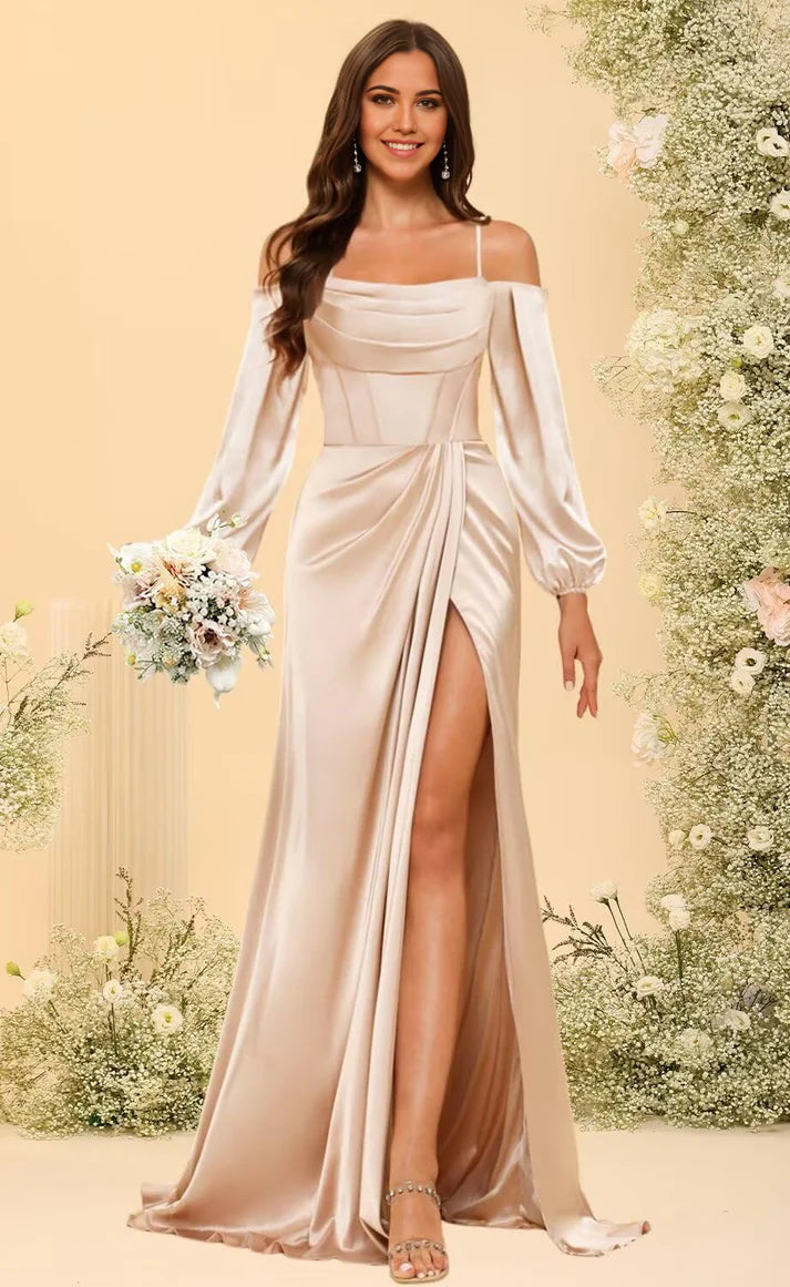 Mermaid Long Sleeve Satin formal dresses evening gown Prom Dress with Silt