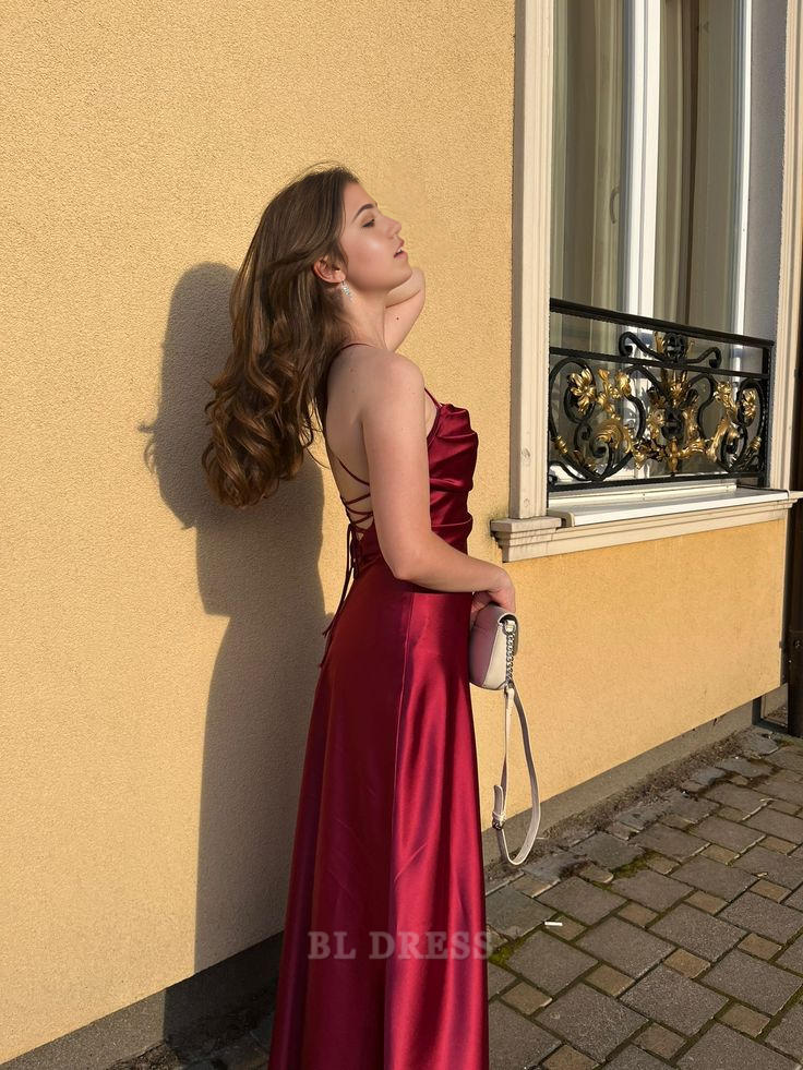 A Line Spaghetti Straps Backless Burgundy Satin Long formal dresses Bridesmaid Dresses evening gown Prom Dress