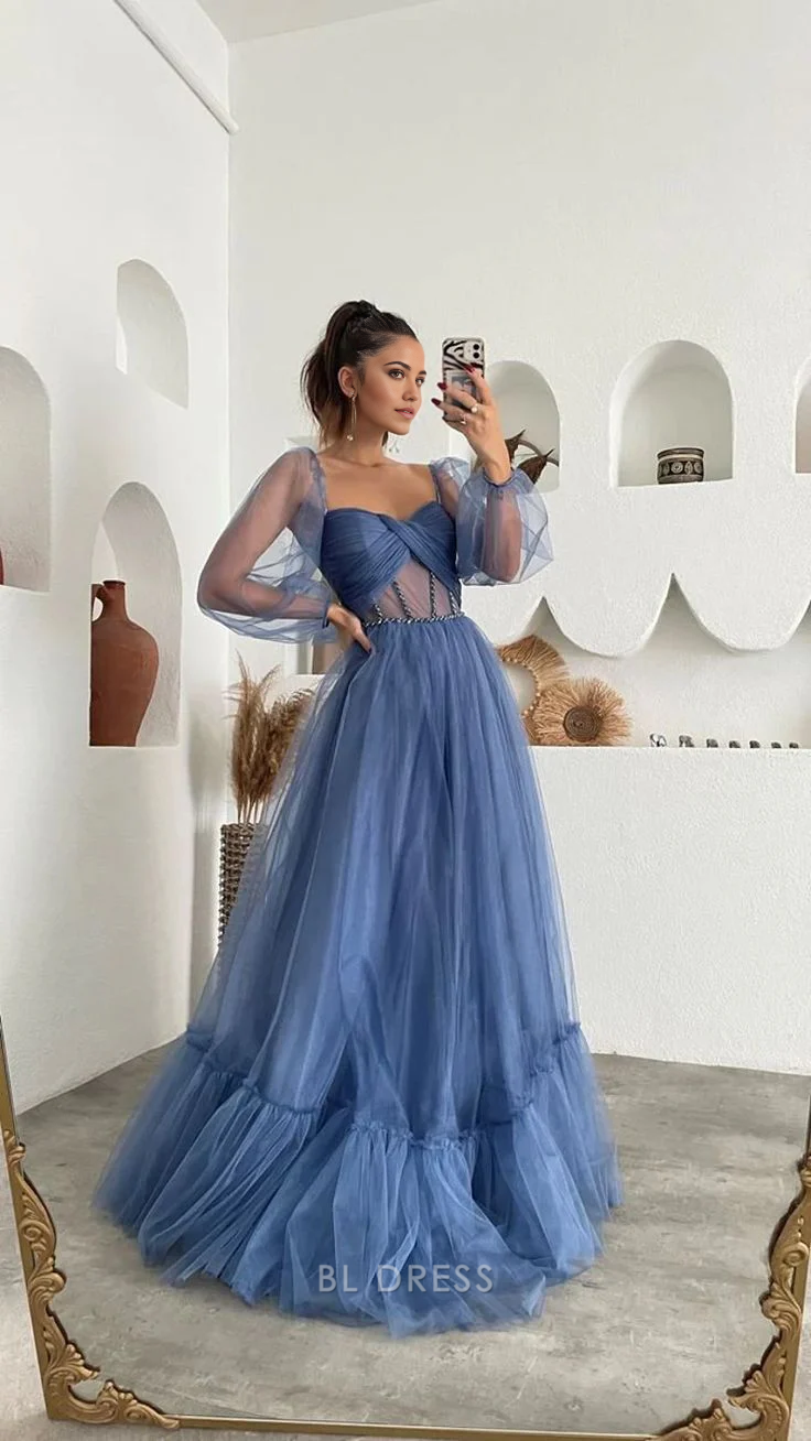 A-line Tulle Long Sleeve formal dresses Bridesmaid Dresses evening gown Prom Dress