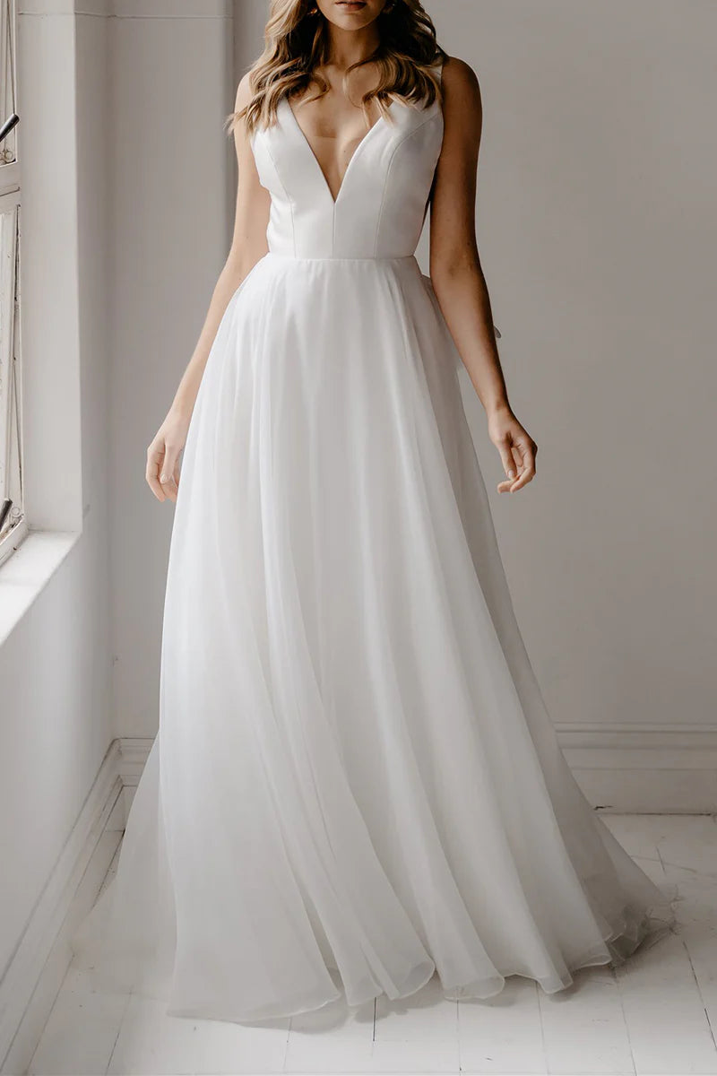 A Line Boho Deep V Neck Simple Open Back Wedding Dress