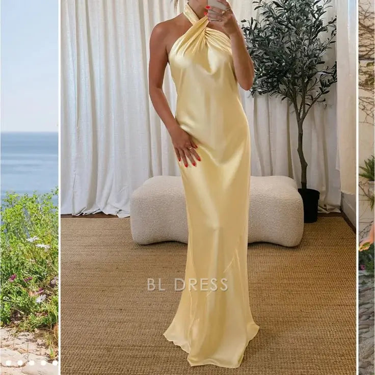 Sheath Halter Simple Satin Yellow Long formal dresses Bridesmaid Dresses evening gown Prom Dress