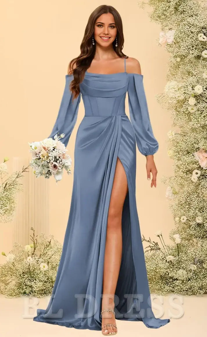 Mermaid Long Sleeve Satin formal dresses evening gown Prom Dress with Silt