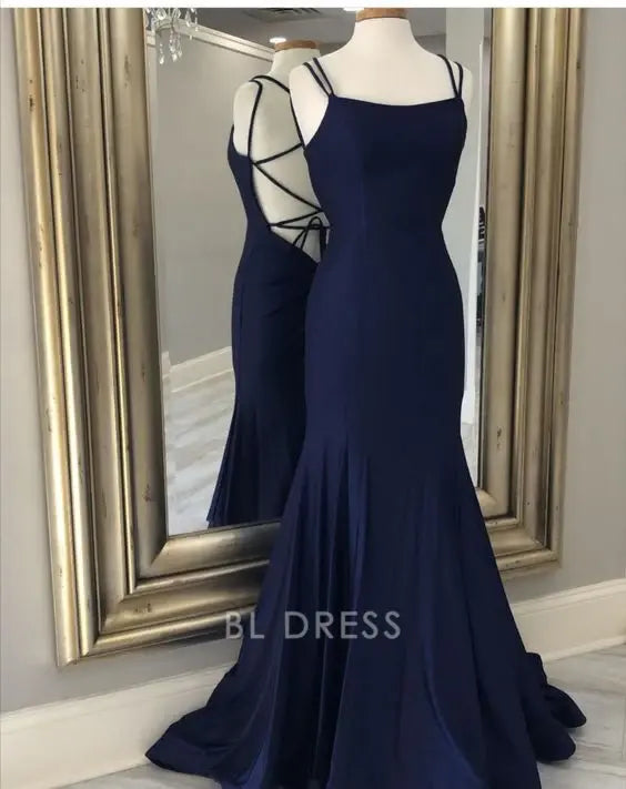 Mermaid Simple Tie Back Backless Navy formal dresses Bridesmaid Dresses evening gown Prom Dress