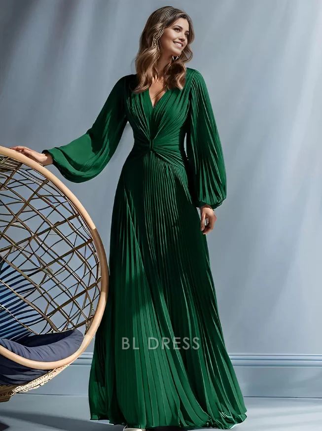 A-Line V-Neck Long Sleeves Pleated Floor-Length Guest Dresses For Wedding Mother of the Bride Dresse