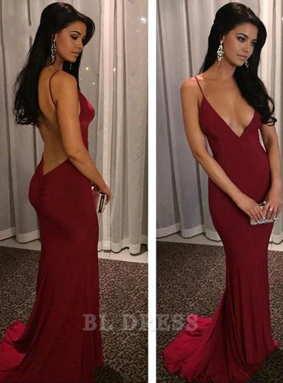 Mermaid Deep V Spaghetti Straps Backless Red formal dresses Bridesmaid Dresses evening gown Prom Dress