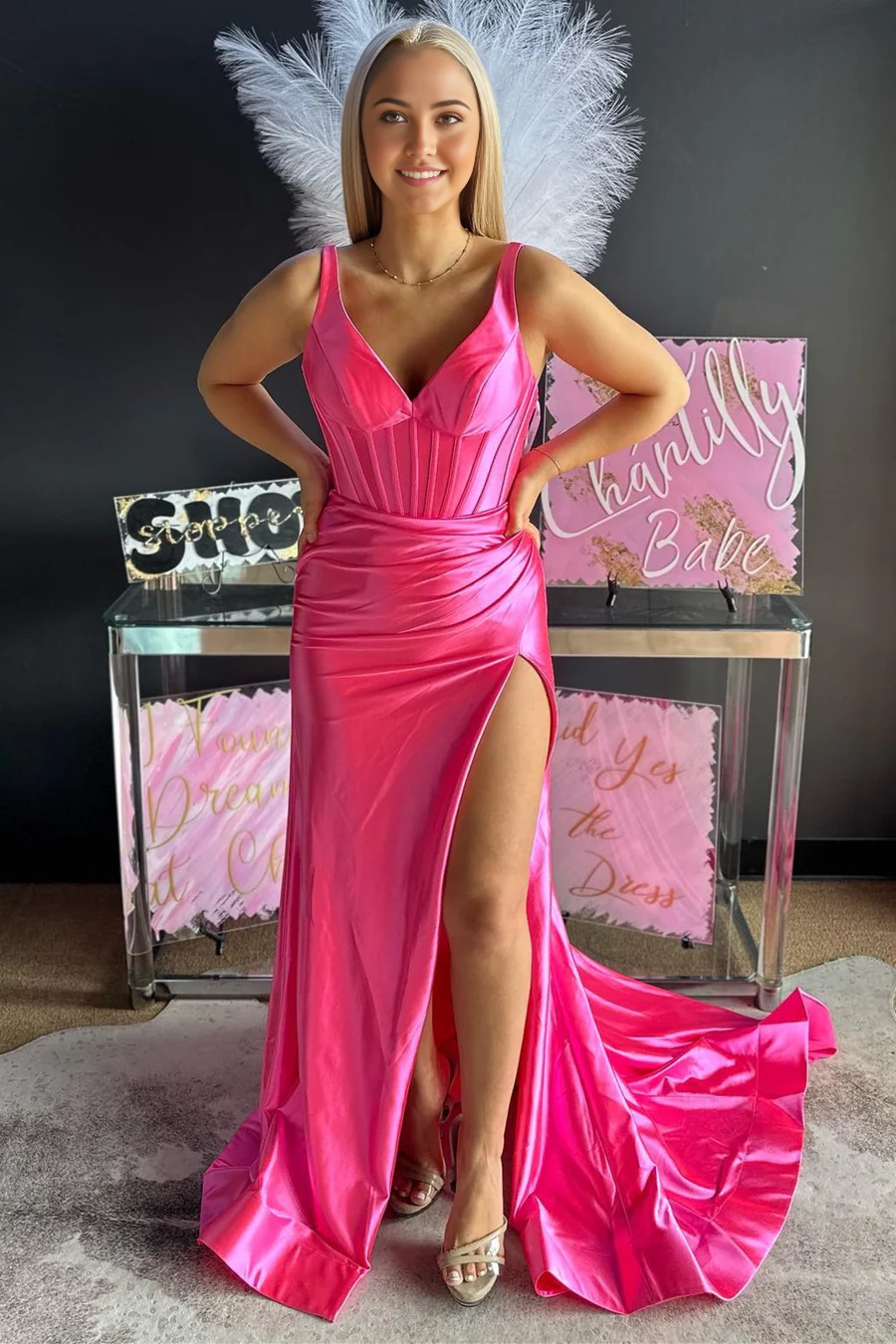 Mermaid V-Neck Ruched Pink Long formal dresses evening gown Prom Dress with Slit