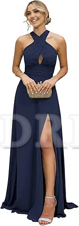 A-Linie Neckholder Chiffon Abendkleider Brautjungfernkleider Abendkleid Ballkleid mit Schlitz