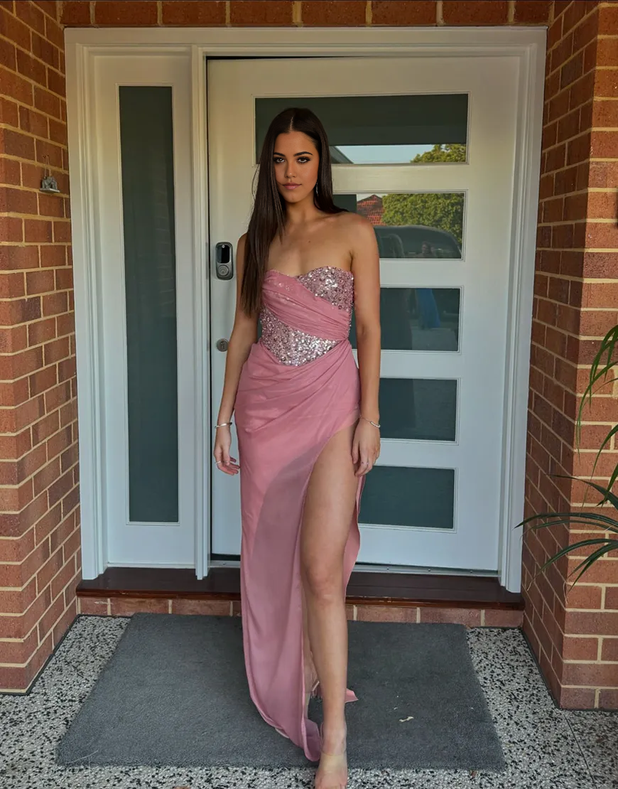 Mermaid Sparkly Strapless Sequined Top Corset Pink Long formal dresses evening gown Prom Dress with Slit