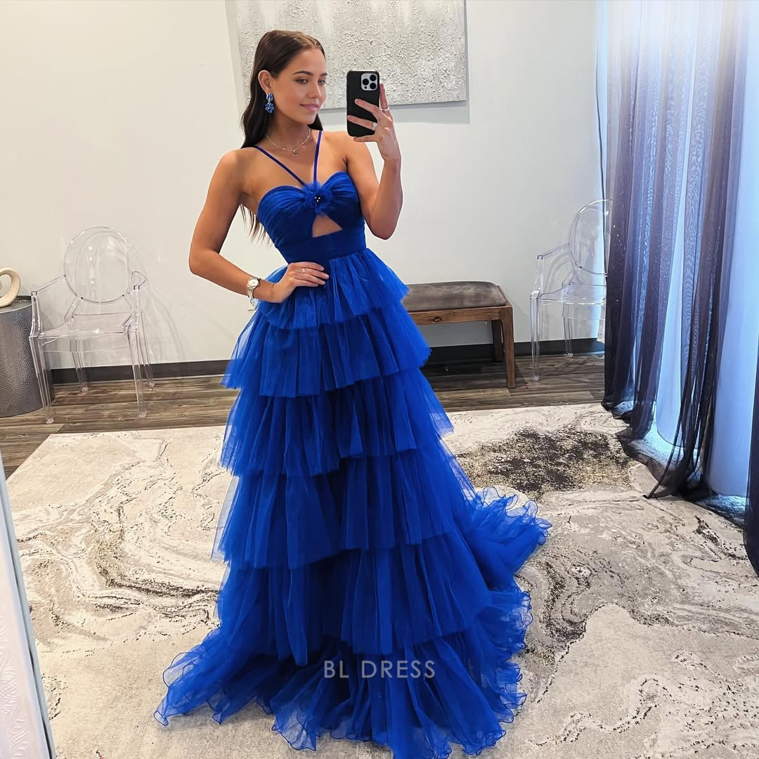 A Line Spaghetti Straps Tiered Royal Blue Long formal dresses Bridesmaid Dresses evening gown Prom Dress