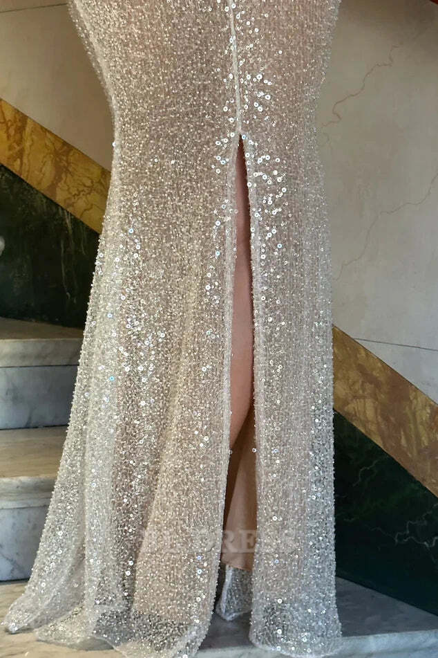 Sheath Spaghetti Straps Silver Sequins Long formal dresses Bridesmaid Dresses evening gown Prom Dress