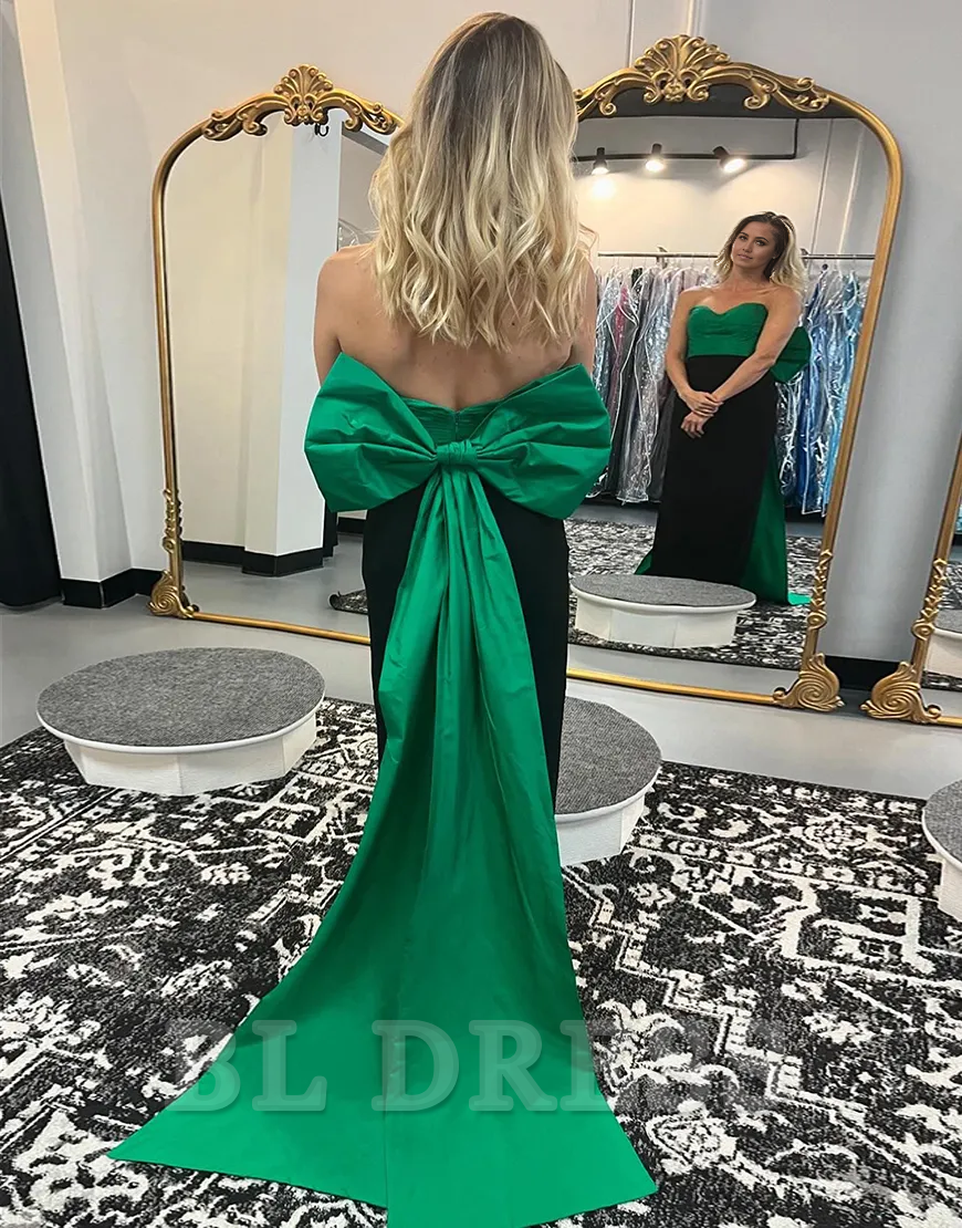 Mermaid Strapless Black Green Long formal dresses Bridesmaid Dresses evening gown Prom Dress with Green Bow