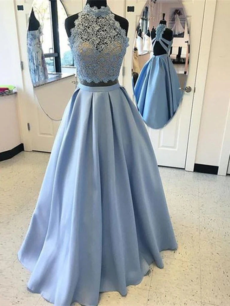 Two Pieces A Line High Neck Lace Prom Dresses