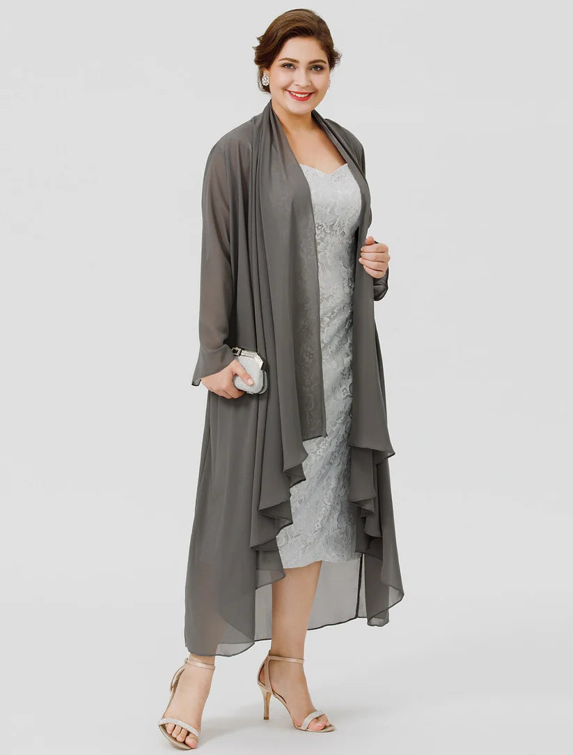 Sheath / Column Mother of the Bride Dress Formal Elegant & Luxurious Plus Size Convertible Dress Straps Tea Length Chiffon All Over Lace Sleeveless yes with Lace