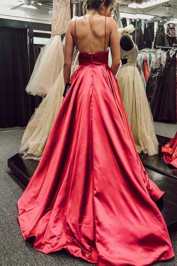 Spaghetti Straps Backless Prom Dresses Pockets Long Evening Gowns