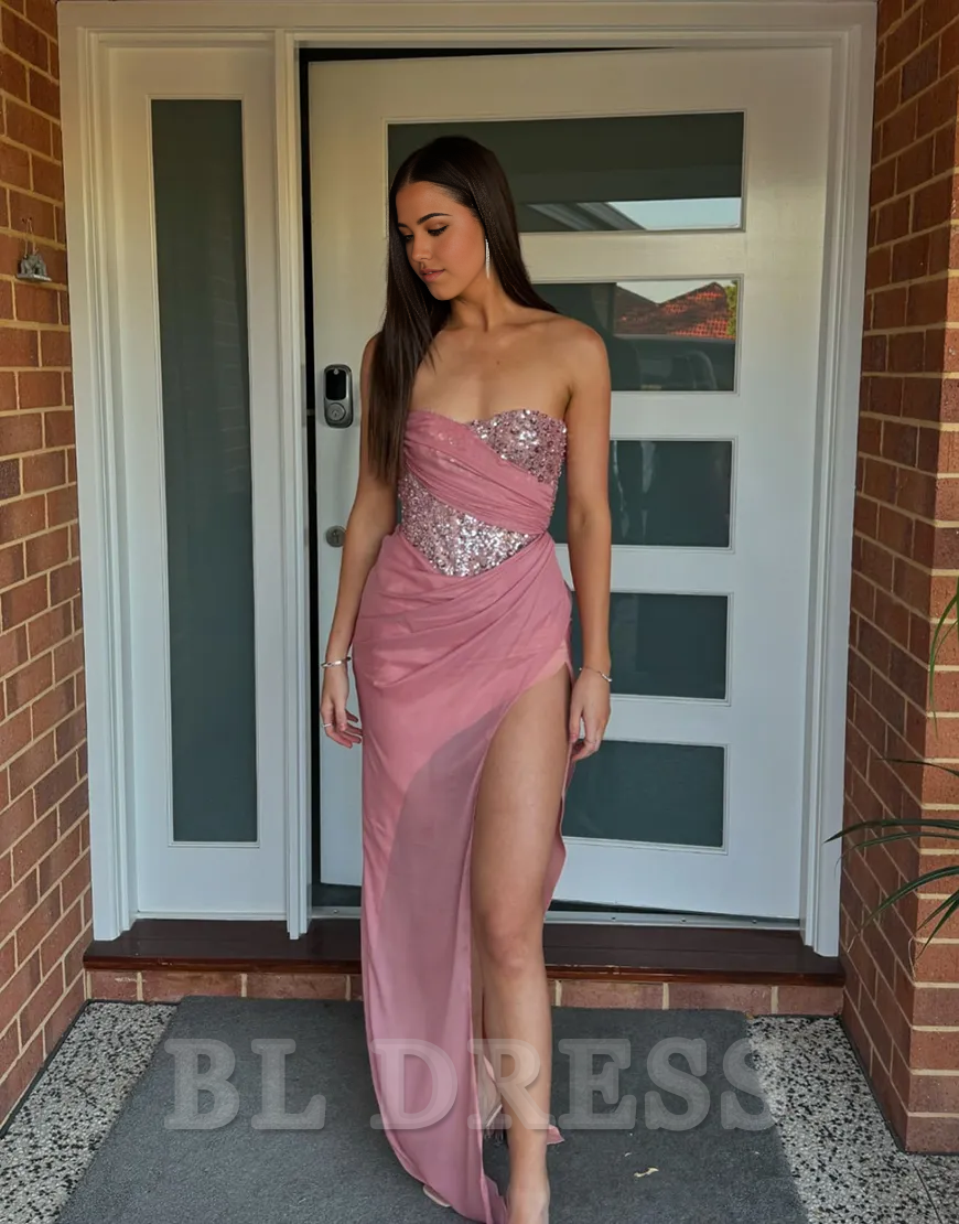Mermaid Sparkly Strapless Sequined Top Corset Pink Long formal dresses evening gown Prom Dress with Slit