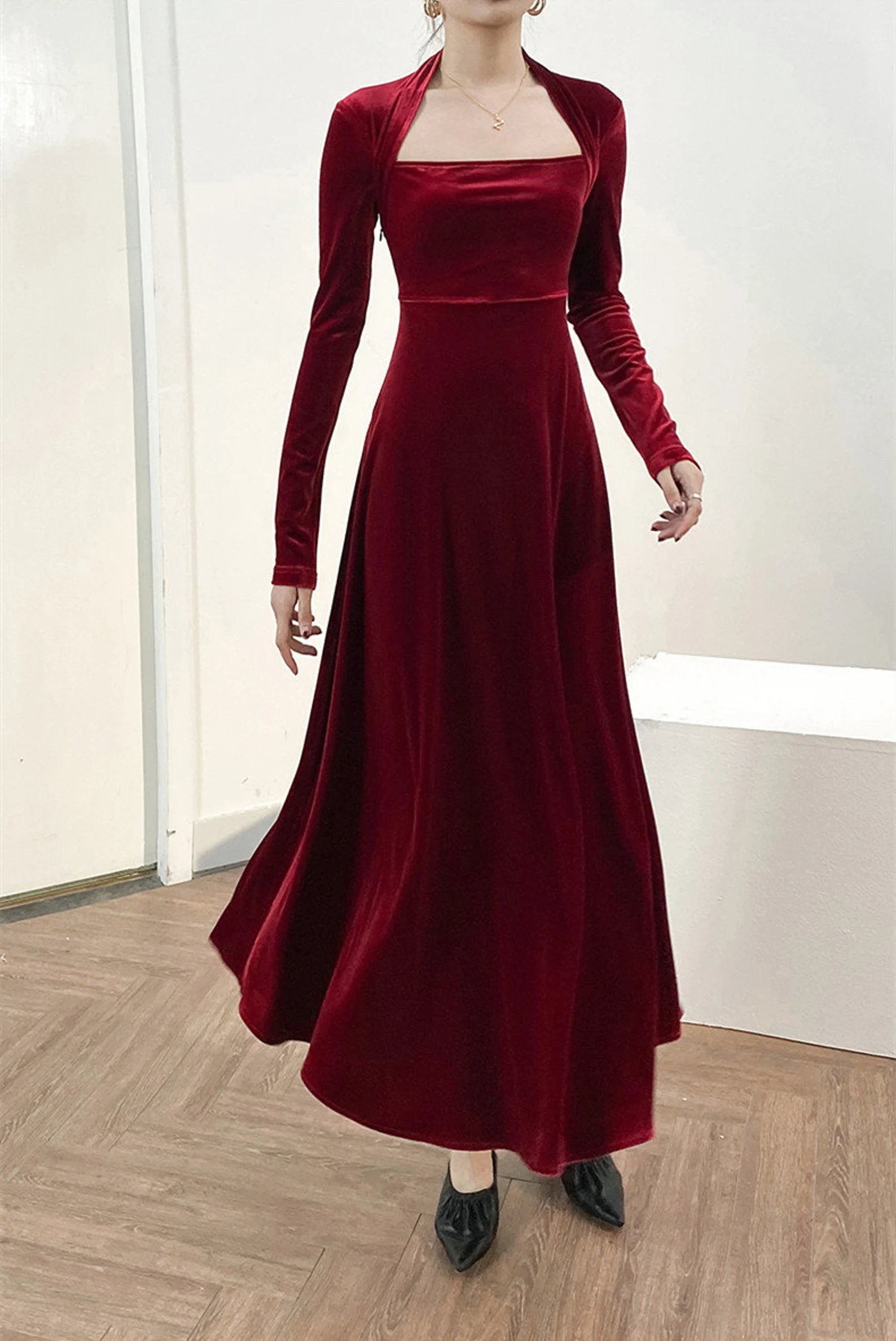 A-line Velvet Long Sleeve Bridesmaid Dress Formal Dresses for Wedding Guest Cocktail Dress Mother of the Bride Dresses