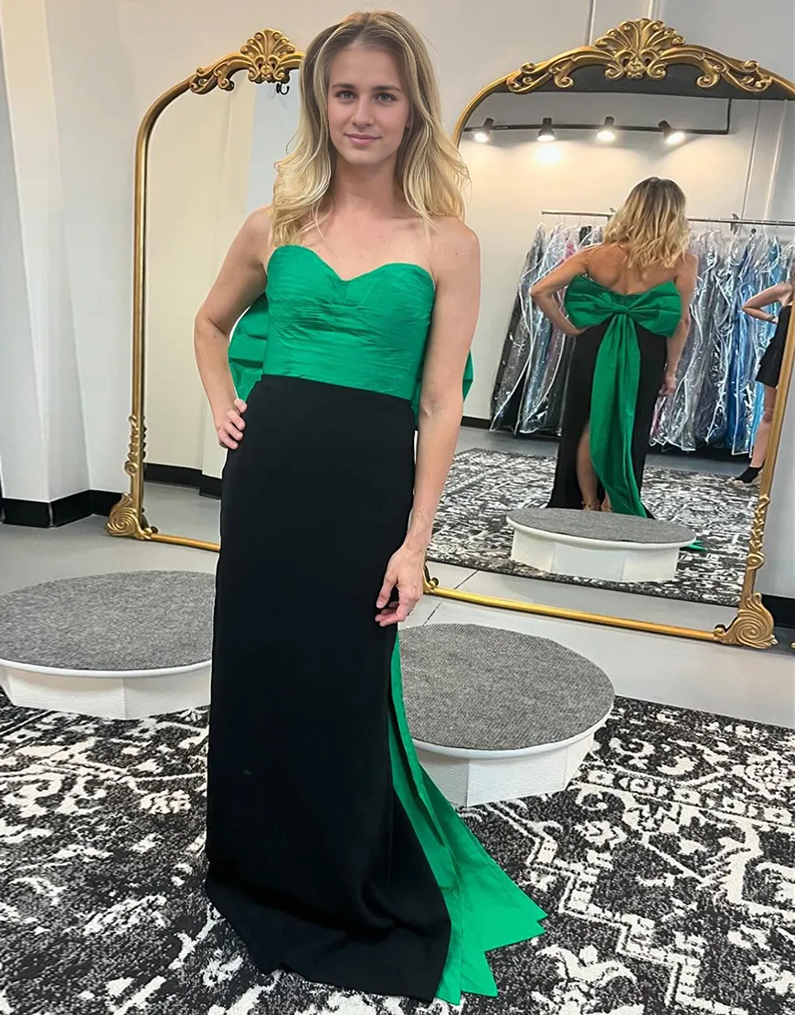 Mermaid Strapless Black Green Long formal dresses Bridesmaid Dresses evening gown Prom Dress with Green Bow
