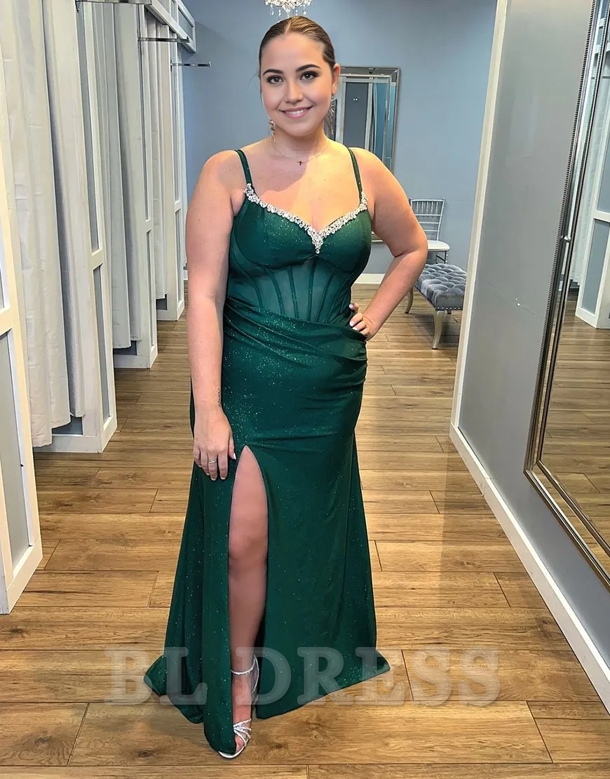 Mermaid Sparkly Rhinestones Spaghetti Straps Corset Long formal dresses evening gown Prom Dress with Slit