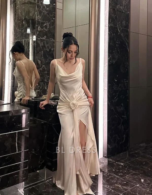 Mermaid Spaghetti Straps Backless White formal dresses Bridesmaid Dresses evening gown Prom Dress With Flowers