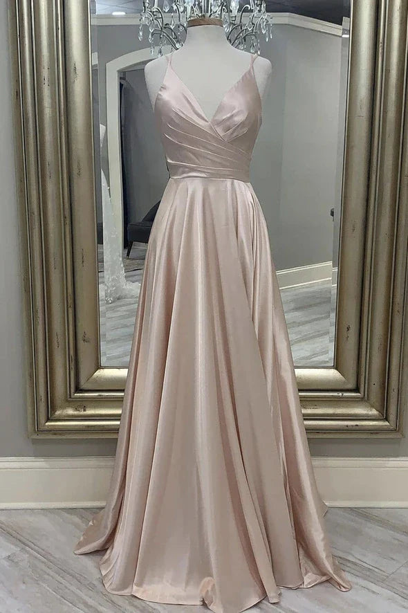 A Line V Neck Satin Long Prom Dresses