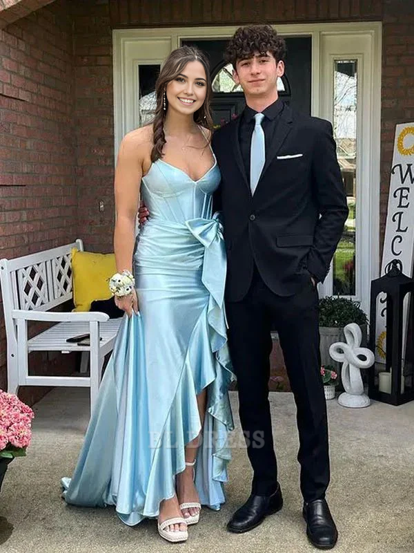 A-line V-Neck Ruffle Light Blue formal dresses Bridesmaid Dresses evening gown Prom Dress With Split