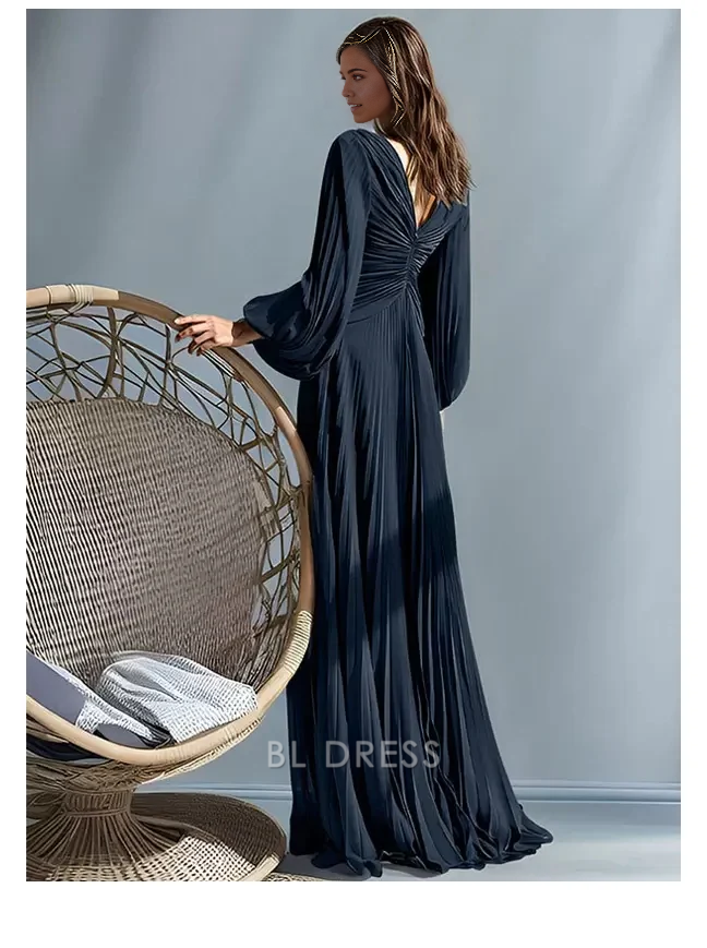 A-Line V-Neck Long Sleeves Pleated Floor-Length Guest Dresses For Wedding Mother of the Bride Dresse