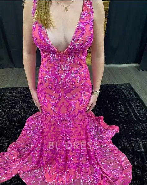 Mermaid Deep V Neck formal dresses Bridesmaid Dresses evening gown Prom Dress